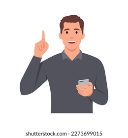 Feliz joven empresario apuntando. Él representa la idea, la solución. Persona de moda pensando mientras sostiene un teléfono inteligente. Ilustración vectorial plana aislada en fondo blanco