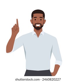 Happy young business man pointing up. Light bulb representing idea. Flat vector illustration isolated on white background
