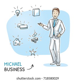 Happy young business man presenting something (with icons for product packaging, house, idea, card, money, star). Hand drawn cartoon sketch vector illustration, whiteboard marker style coloring. 