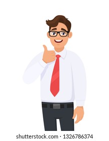 Happy young business man showing/gesturing thumbs up sign, dressed in formal wear and red colour tie. Human emotions, facial expressions feeling concept illustration in vector cartoon style.