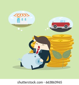 Happy Young business man sit with coin stack dream for house and car by investment and savings money on pig bank,