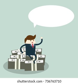 Happy young business man sit on Big pile of cash money and some gold coins. Heap of packed dollar bills. Flat style modern vector illustration