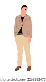 Happy young business man standing. Confident office worker in formal clothes, modern beige suit. Flat vector illustration isolated on white background.