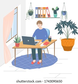 Happy young business man using computer looking at screen working in room at home, smiling male professional employee typing email on laptop at workplace. Flat style vector illustration