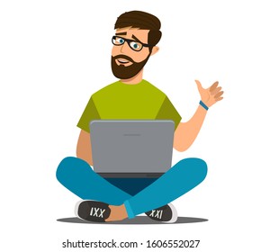 Happy young business man working on a laptop. Remote work via the Internet. Freelancer. Vector illustration in cartoon style