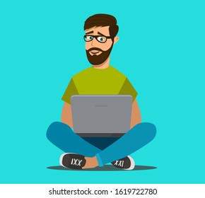 Happy young business man working on a laptop. Remote work via the Internet. Freelancer. Vector illustration in cartoon style
