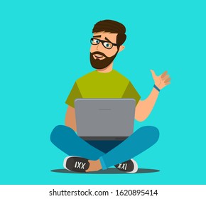 Happy young business man working on a laptop. Remote work via the Internet. Freelancer. Vector illustration in cartoon style
