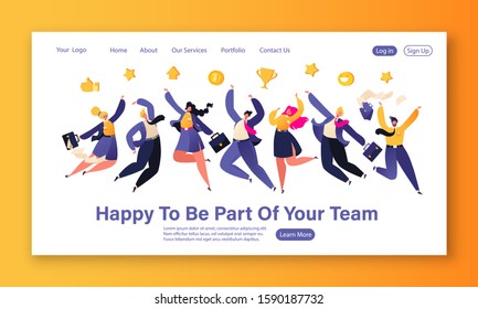 Happy young business people men and women jump with hands up. Teamwork and celebration theme for website landing page. Corporate party concept for web page banner.