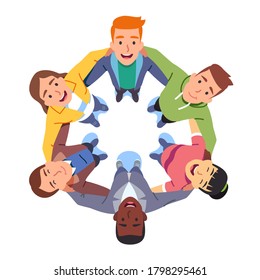 Happy young business student people team huddle. Man & woman group hug each other holding arms in circle together. Aerial top view. Building teamwork, trust, support flat vector character illustration