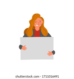 Happy young business woman holding a blank placard in her hands isolated on white background. Successful g irl carrying empty banner with a place for text. Flat vector illustration 