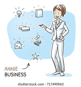 Happy young business woman presenting something. Icons for product packaging, house, idea, card, money. Hand drawn cartoon sketch vector illustration, whiteboard marker style coloring.
