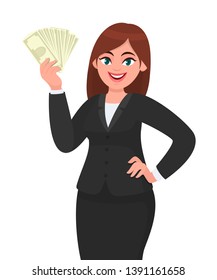 Happy young business woman showing/holding cash, money, dollar, currency or banknotes and holding hand on hip . Modern lifestyle, business and finance concept illustration in vector cartoon style.