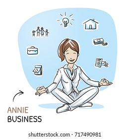 Happy young business woman sitting in yoga pose with icons of easily organizing life, business and family around her. Hand drawn cartoon sketch vector illustration, whiteboard marker style coloring.
