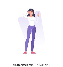 Happy young business woman talking smartphone pointing forefinger having good innovation idea vector flat illustration. Smiling female calling mobile phone discussing with index finger point