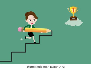 Happy young business woman uses a pencil to create her own stair to trophy of success, Cartoon vector illustration