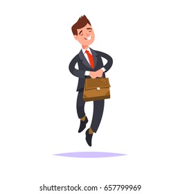 Happy young businessman with a business briefcase in hand goes favorite work. Concept of favorite business. Vector illustration in flat style