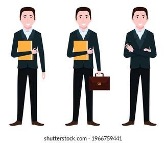 Happy young businessman character set wearing business outfit and standing with bag file and posing