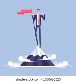 Happy young businessman climbed to the top of the mountain and hoisted flag on it. Man in suit stands on a mountain peak and celebrates victory vector flat. Business concept of winner and success