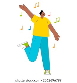 Happy young businessman dancing to music. Casual outfit, cheerful mood, and spontaneous dance movement. Vector illustration.