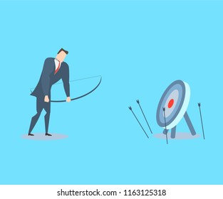 Happy young businessman does not hit the target.
The concept of fail.
Flat vector illustration