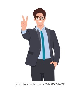 Happy young businessman doing a peace victory gesture. Flat vector illustration isolated on white background