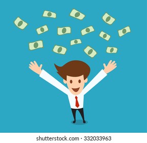 happy young businessman with falling money vector 