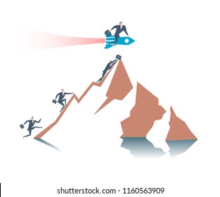 Happy young businessman flies on a rocket ahead of all its competitors and overcoming the obstacle. Runing up to the success. Flat vector illustration