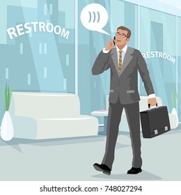 Happy young businessman in gray business suit, walking at office with briefcase in his hand, talking on smartphone and laughs. Man in full growth in restroom at work. Vector illustration