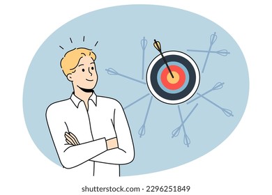 Happy young businessman hit target with arrow after several failure attempts. Concept of business success and goal achievement. Man employee reach aim. Flat vector illustration.