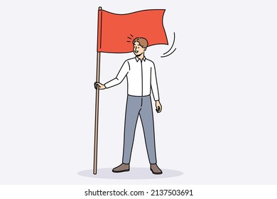 Happy young businessman hold flag demonstrate goal achievement. Smiling male employee or worker show leadership and motivation. Aim accomplishment and success. Vector illustration. 