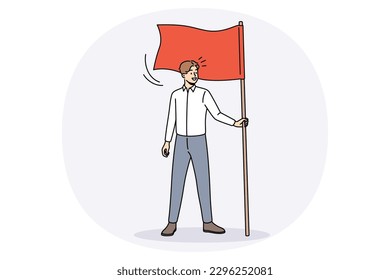 Happy young businessman hold flag demonstrate goal achievement. Smiling male employee or worker show leadership and motivation. Aim accomplishment and success. Vector illustration.