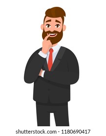 Happy young businessman holding index finger on mouth while crossed arm pose. Emotion and body language concept in cartoon style vector illustration.