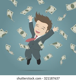 Happy young businessman jumping and throwing up banknote.