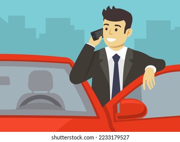 Happy young businessman or manager leaning on the car door and talking on the phone. Close-up front view. Flat vector illustration template.