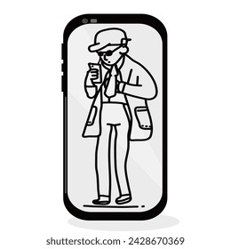 Happy young businessman on the phone. Icon. Hand drawn with thin lines, vector illustration. White background.