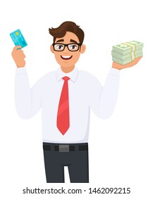 Happy young businessman showing credit, debit, ATM card. Person holding bunch of cash, money, currency notes in hand. Male character design illustration. Modern lifestyle concept in vector cartoon.