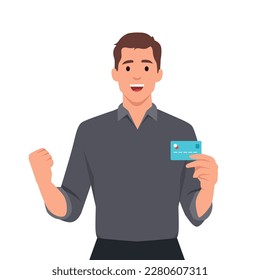 Feliz joven hombre de negocios mostrando crédito, débito, tarjeta de cajero automático. Hombre haciendo gesto de mano levantada. Ilustración de diseño de caracteres masculinos. Emociones humanas, expresiones faciales. Vector plano