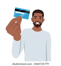 Happy young businessman showing credit, debit, ATM card. Flat vector illustration isolated on white background