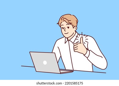 Happy young businessman sit at desk work on laptop show thumb up. Smiling male employee recommend company service. Recommendation. Vector illustration.