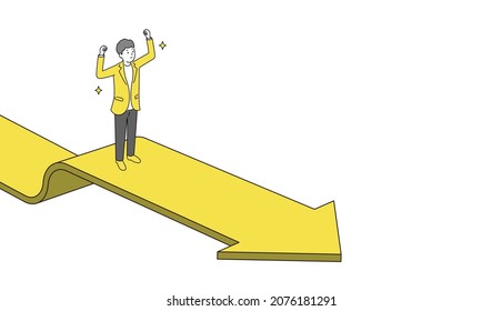 Happy young businessman standing on arrow,3d illustration,copy space,yellow and gray color,white isolated
