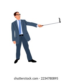 Happy young businessman taking selfie on smartphone vector illustration isolated on white background. Asian male character in formal suit and tie holding mobile phone with selfie stick. 