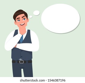 Happy young businessman thinking and looking up to the thought bubble. Person standing with crossed arm. Male character design illustration. Human emotions, facial expression in vector cartoon style.