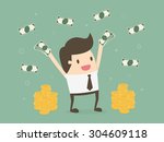 Happy young businessman throwing money up. Business concept cartoon illustration