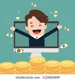 Happy young businessman throwing money up. Business concept cartoon illustration