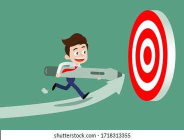 Happy young businessman using a digital pen to create a path for himself to achive his goal, Cartoon vector illustration