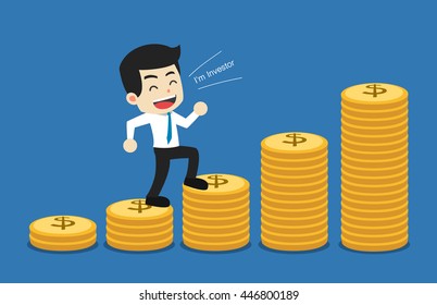Happy young businessman is walking to be wealth investor and successful people. Climbing the money ladder. Coins stair growth