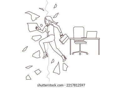 Happy young businesswoman break wall quit hatred office job. Motivated smiling female employee run from business employment set free. Vector illustration. 