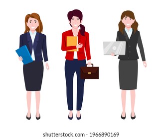 Happy young businesswoman characters standing with bags, laptop,  file and posing