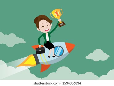 Happy young businesswoman flying on rocket and holding gold trophy of success, Business startup concept, Flat design, Cartoon vector illustration