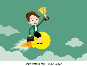 Happy young businesswoman flying on light bulb and holding gold trophy of success, Business startup concept, Flat design, Cartoon vector illustration